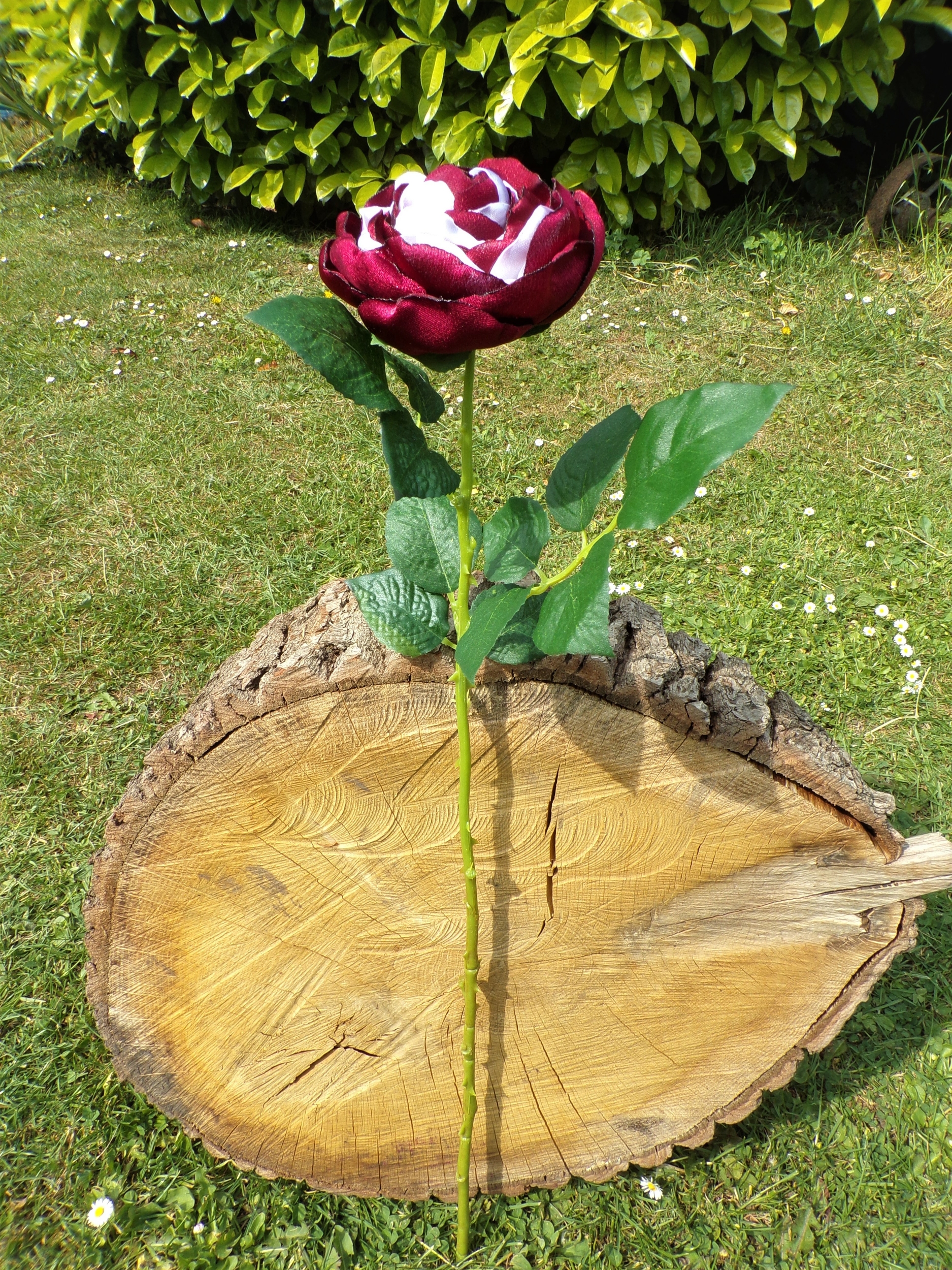 Rose éternelle en satin rouge &amp; blanc fait main