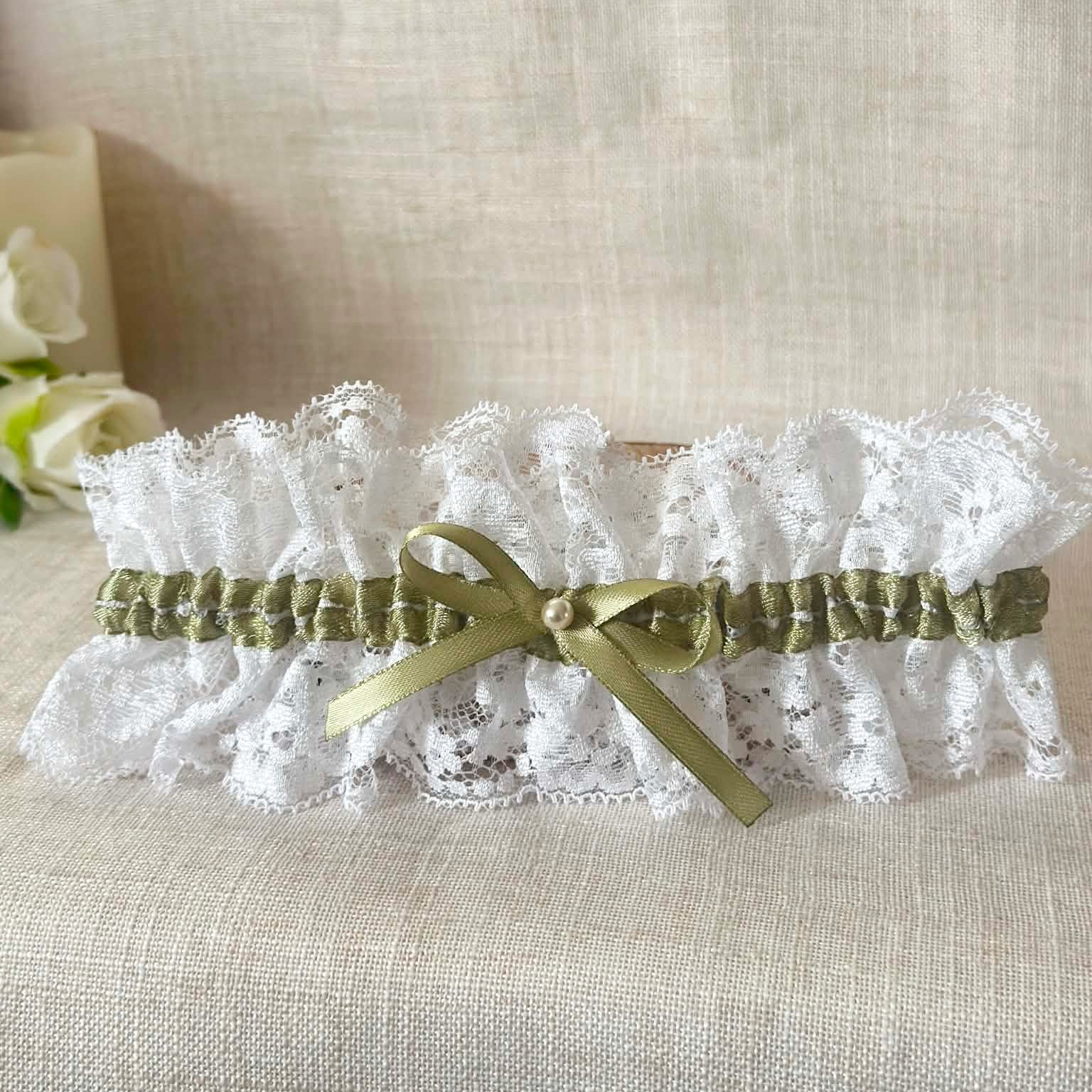 jarretière de mariée dentelle blanc sauge