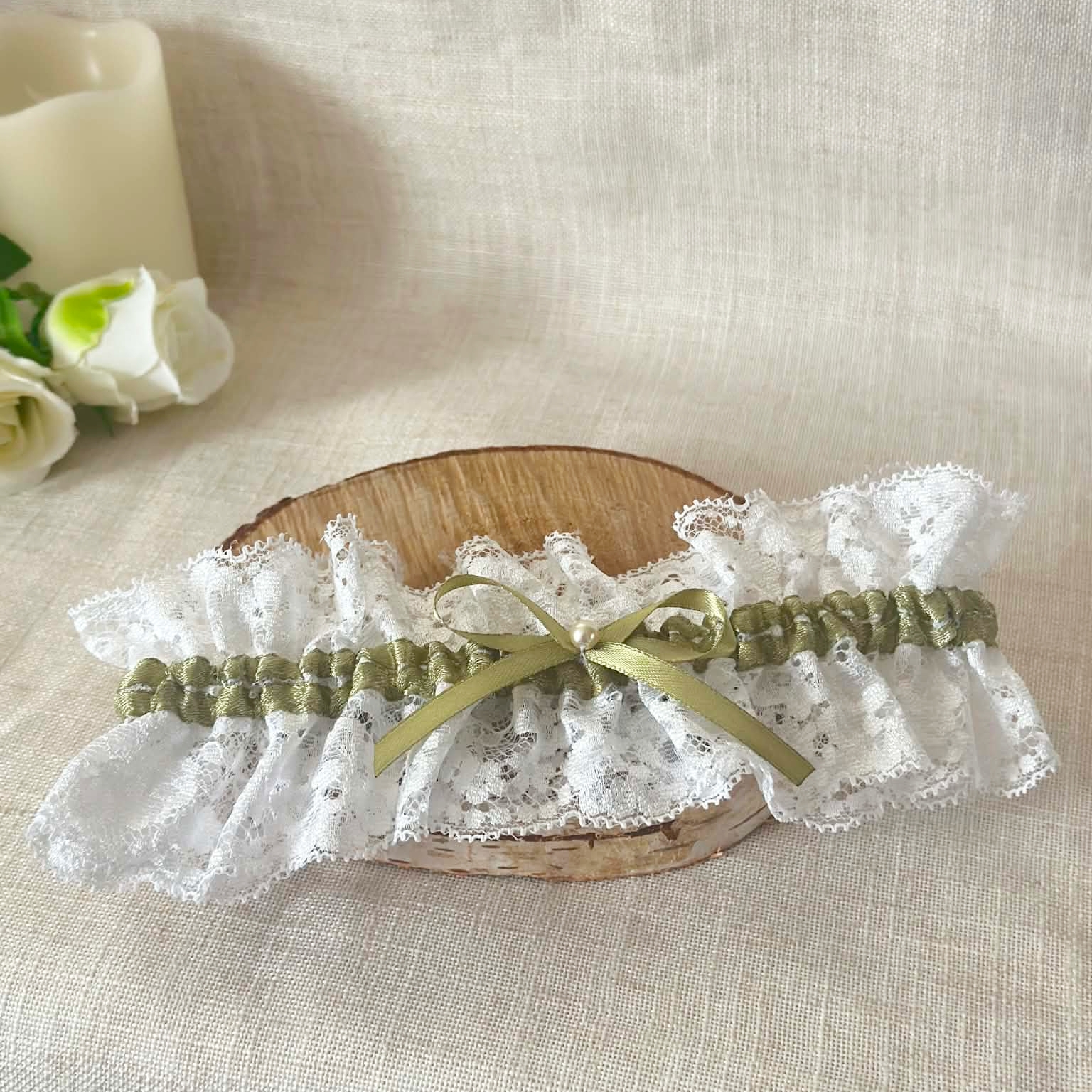 jarretière mariage dentelle sauge blanc