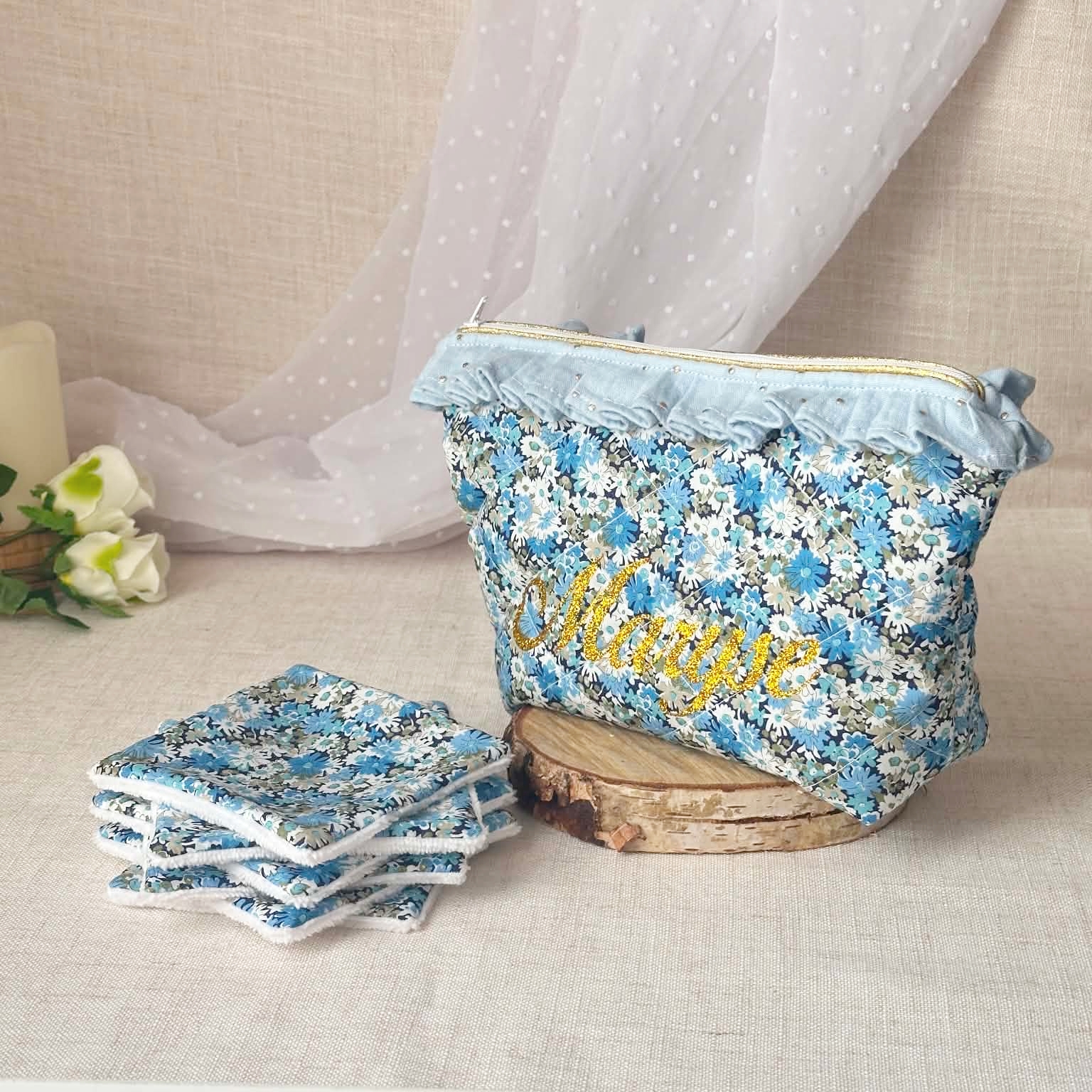 trousse de toilette liberty personnalisée Libby Bleu 6 lingettes lavables doucefantaisie