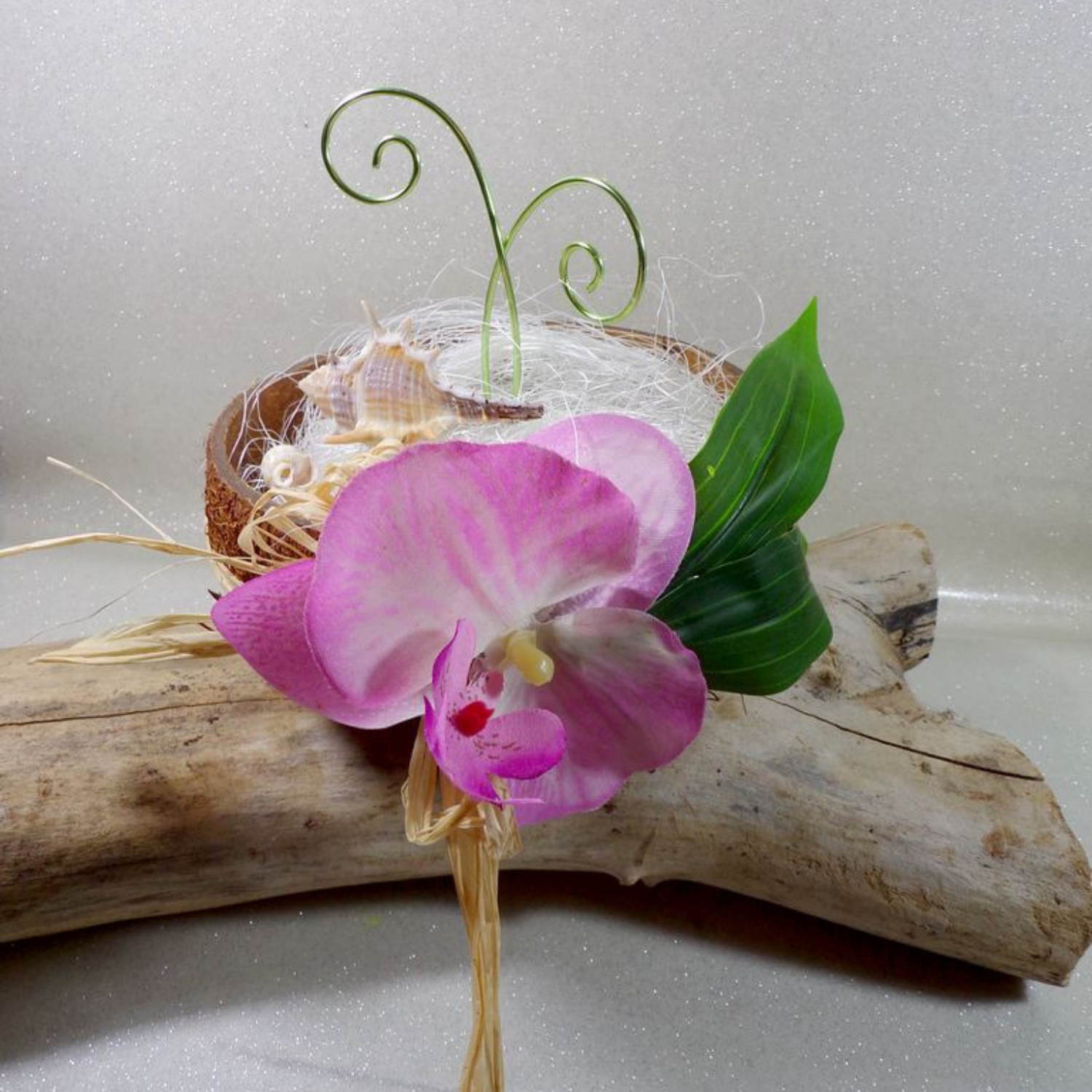 porte alliances coquillages mariage tropical orchidée noix de coco