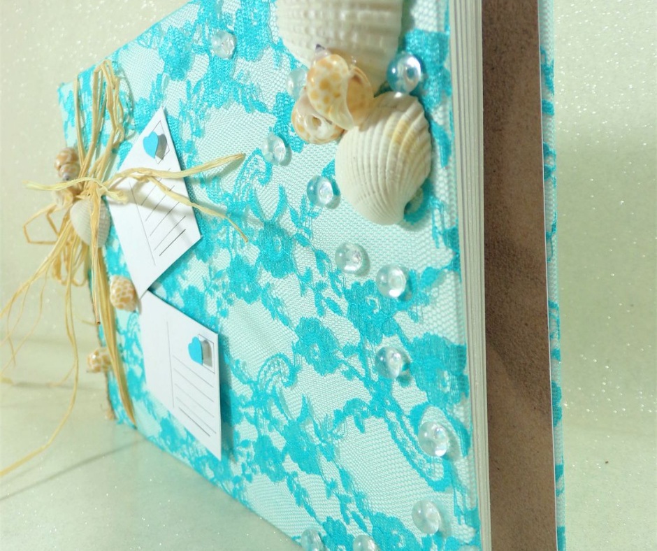 livre dor album photo mariage turquoise blanc coquillage