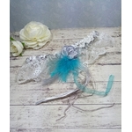 Jarretière de mariage personnalisé dentelle plumes turquoise