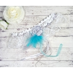 Jarretière de mariée dentelle plumes turquoise blanc mariage personnalisé fait main