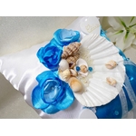Coussin pour alliances coquillage blanc turquoise satin