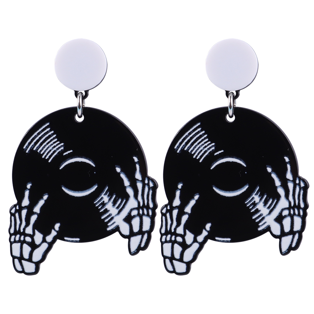 Boucles-d-oreilles-t-te-de-mort-DJ-en-acrylique-pour-femmes-disque-personnalis-squelette-doigt