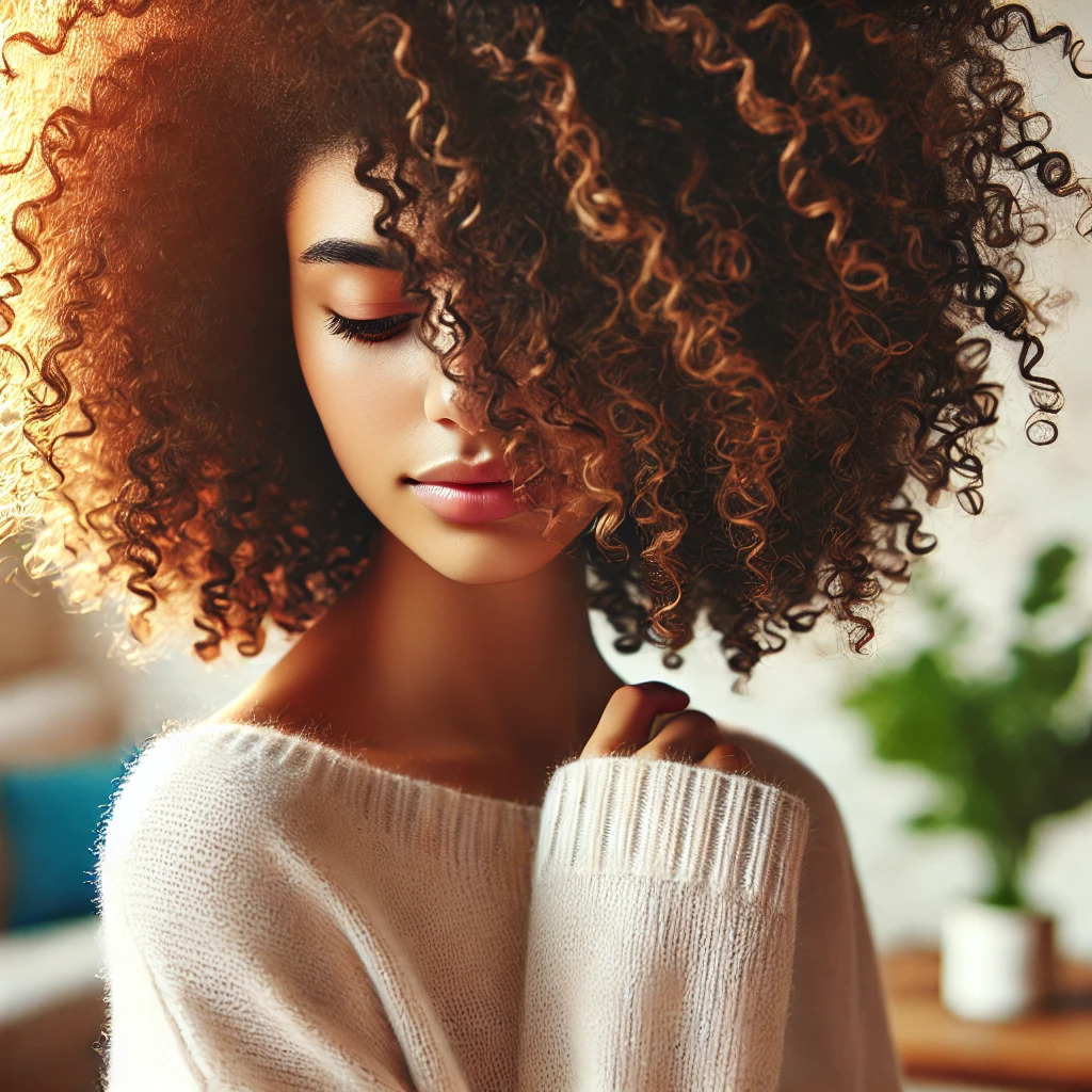 Femme avec cheveux bouclés et texturés bien entretenus, exemple de soins capillaires naturels