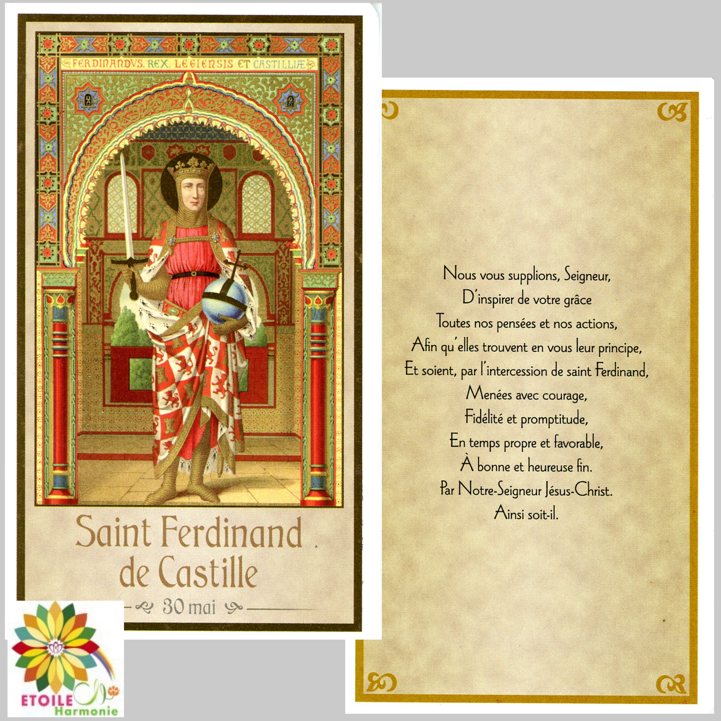 Image pieuse de Saint Ferdinand de Castille du 30 mai avec prière