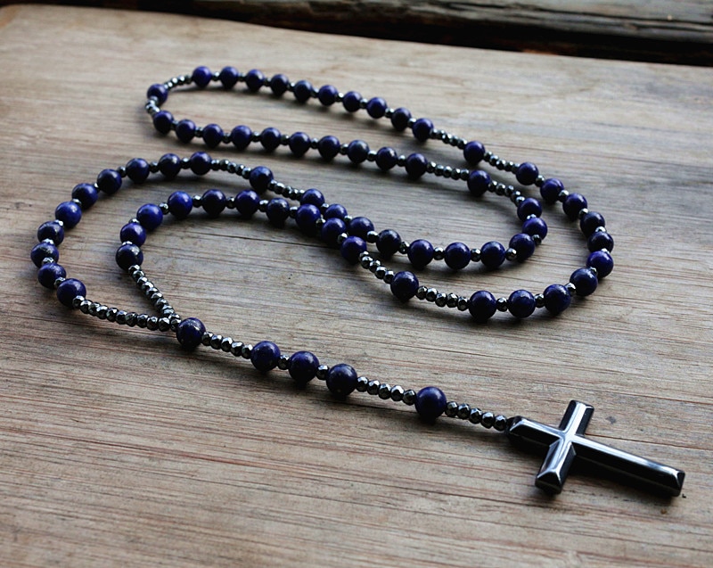 6mm-Lapis-Lazuli-pierre-perle-h-matite-croix-pendentif-collier-pour-hommes-femmes-catholique-Christ-chapelet