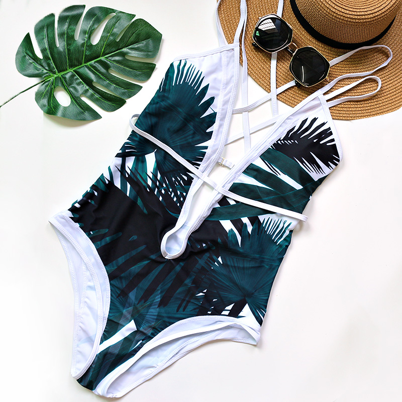 Sexy-D-collet-Profond-Tropical-Feuille-De-Palmier-Trikini-Maillot-de-bain-Monokini-Maille-Plus-La