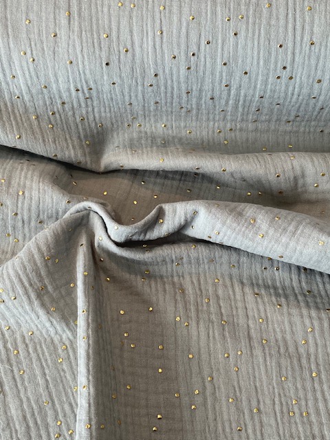 Tissu double gaze de coton coloris vert de gris à pois dorés 20 x 135 cm