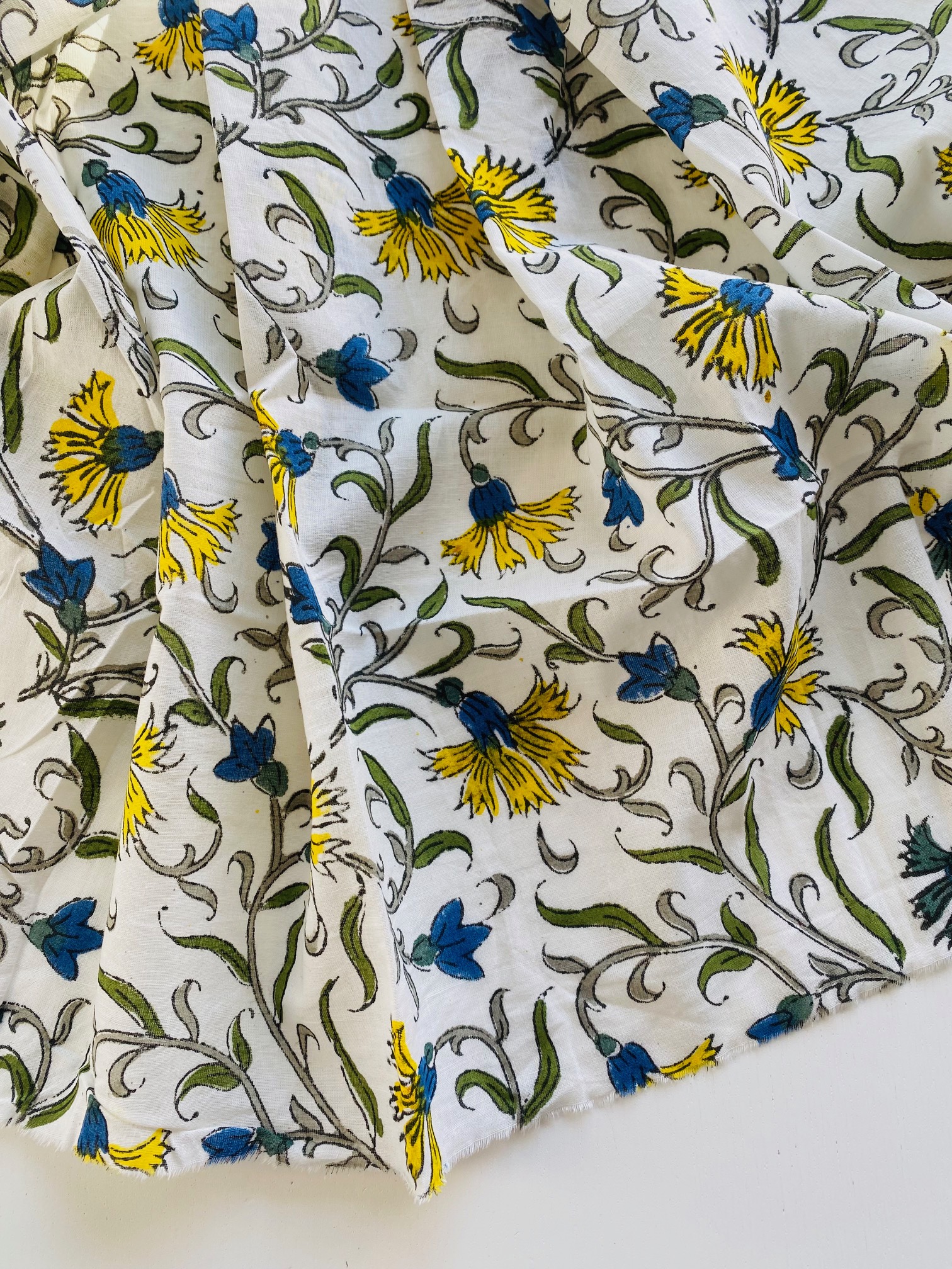 Tissu indien Pondichéry vert bleu jaune 20 x 105 cm