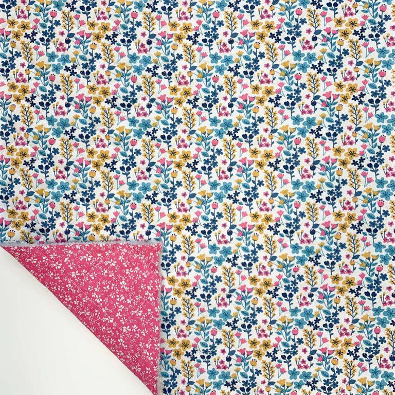 Tissu matelassé double-face fleurs coloris rose / turquoise 20 x 140 cm