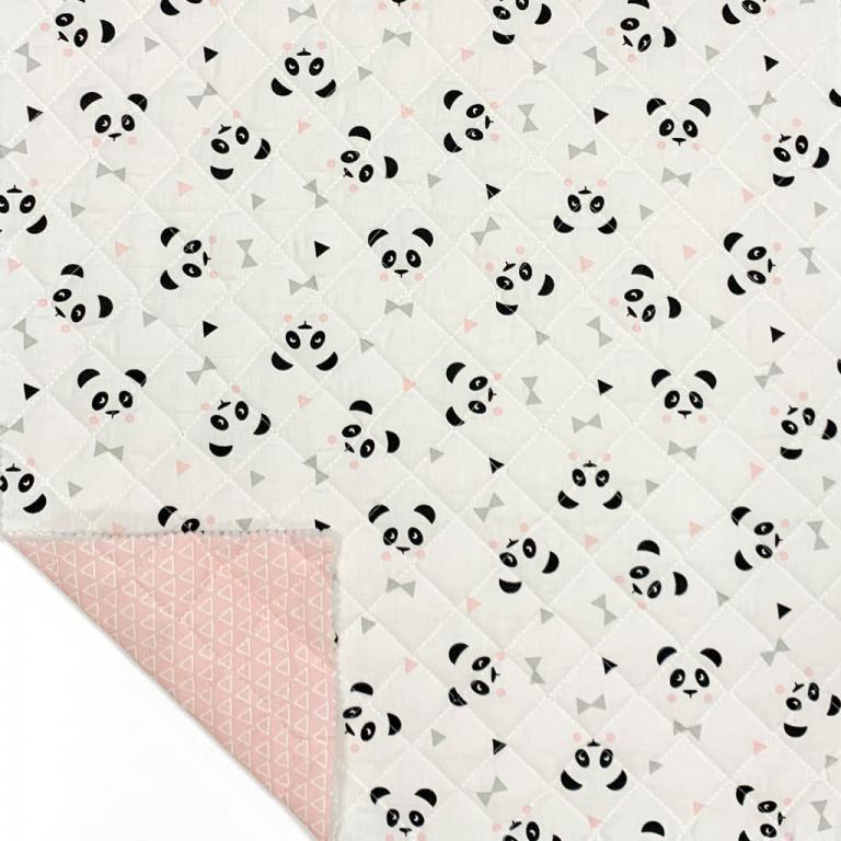COUPON de Tissu matelassé double-face pandas / triangles 1m x 140 cm