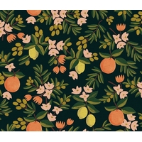 Tissu lin/coton Primavera oranges et citrons fond foncé 20 x 110 cm