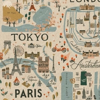 Tissu lin/coton Rifle Paper Bon Voyage City Guide fond naturel 20 x 110 cm