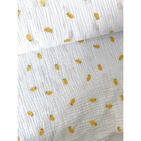 Tissu double gaze de coton brodée citrons fond blanc cassé 20 x 130 cm