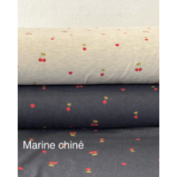 Jersey imprimé cerises et coeurs fond marine chiné 20 x 145 cm