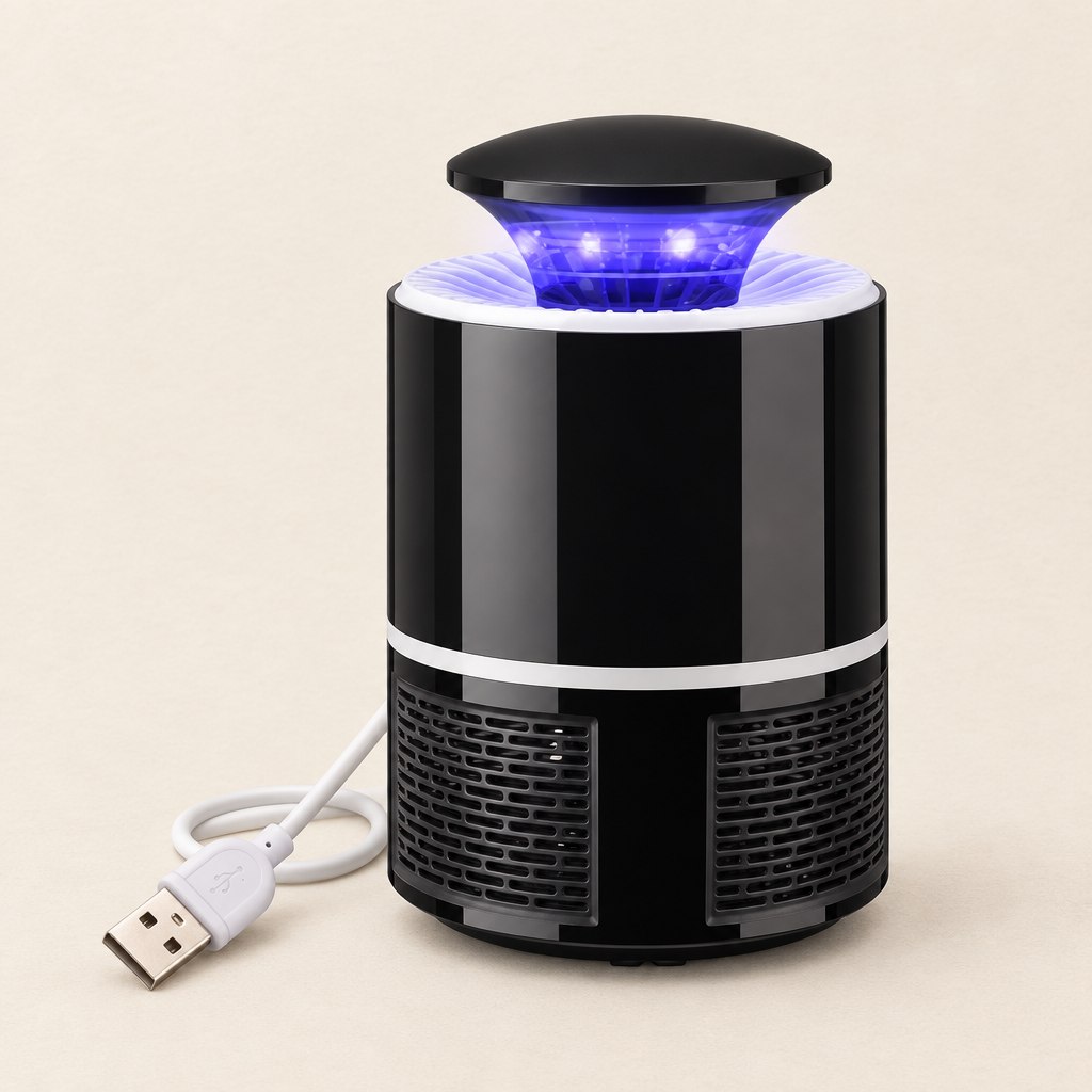 Piège à moustiques USB LED Warrior noir, lumière UV bleue allumée