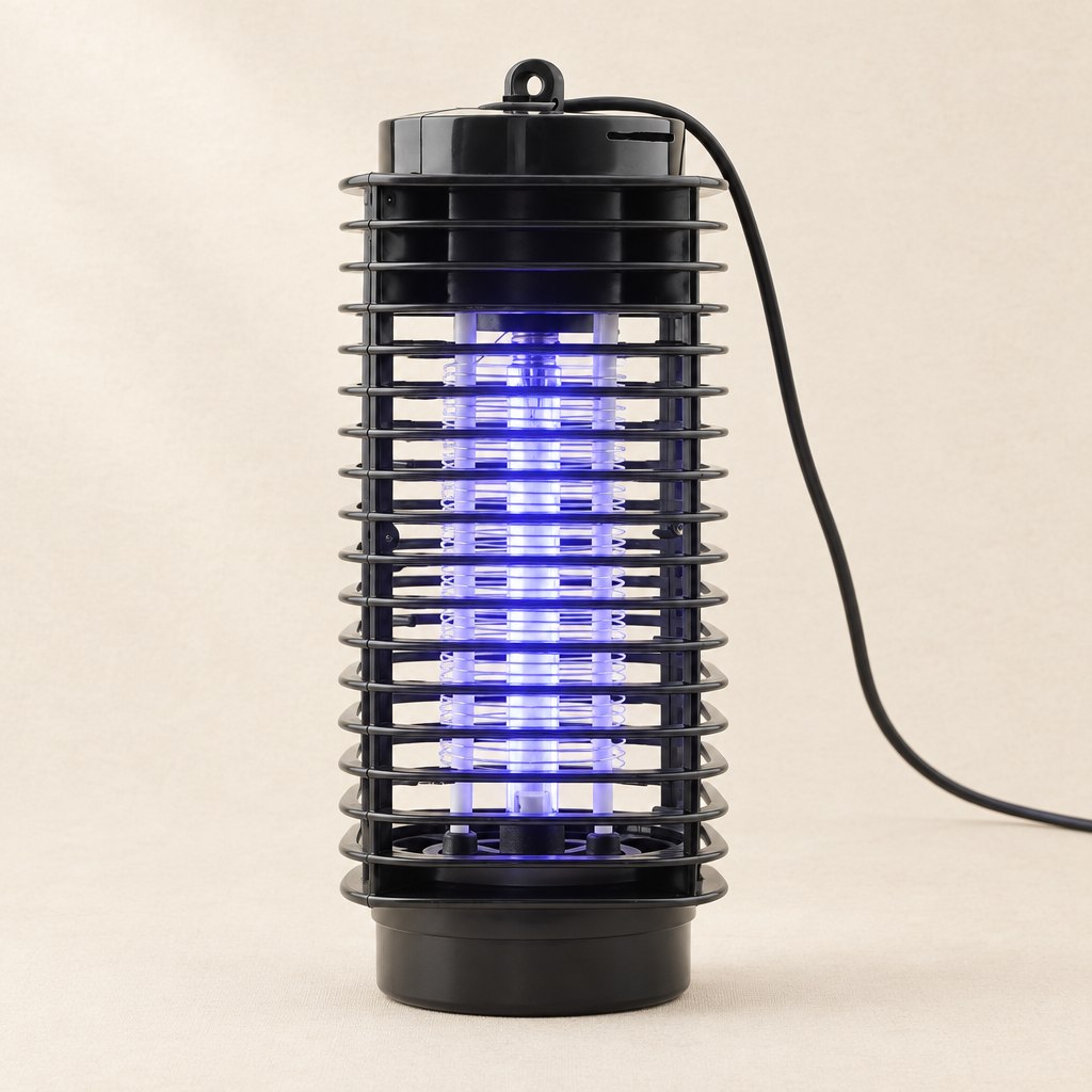 Lampe tueuse de moustiques électrique noire, tube UV bleu allumé derrière la grille