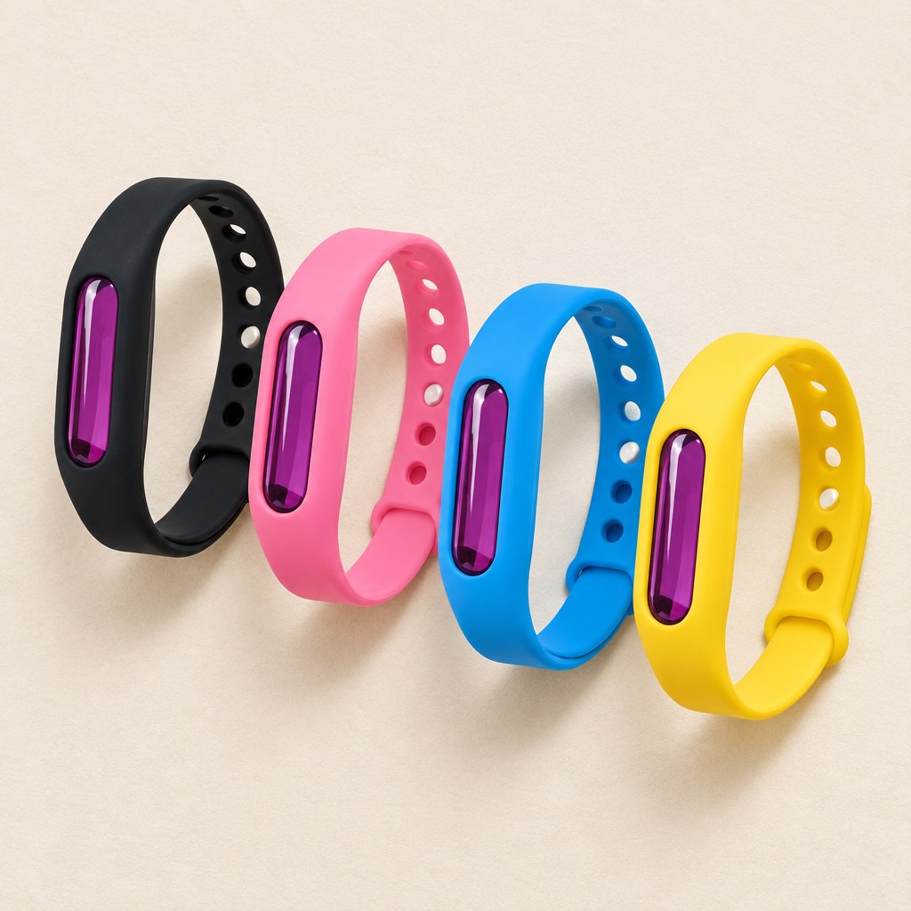 Quatre bracelets anti-moustiques à capsule, noir, rose, bleu et jaune