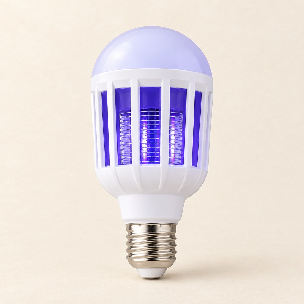 Ampoule LED anti-moustiques blanche, cœur violet derrière sa grille, culot à vis