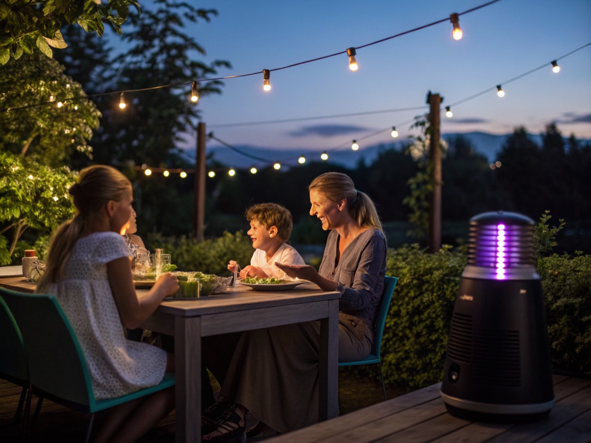 Famille à table sur une terrasse le soir, piège à moustiques allumé