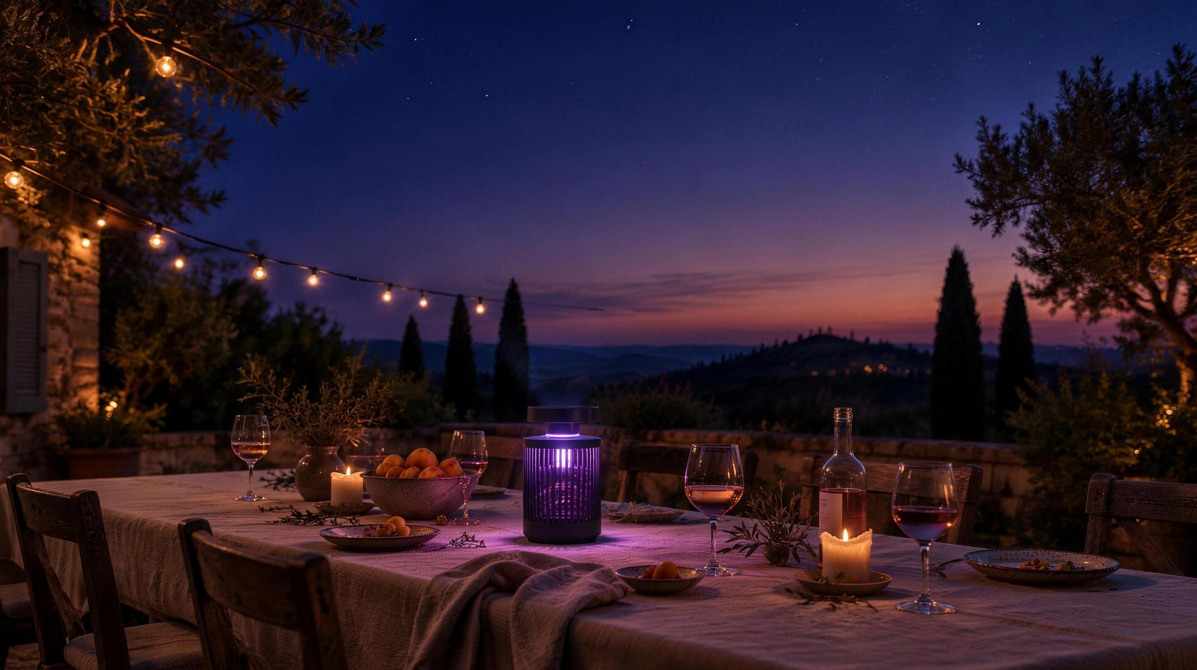 Terrasse provençale à la nuit tombée : table dressée, bougies et piège à moustiques qui diffuse une lueur violette