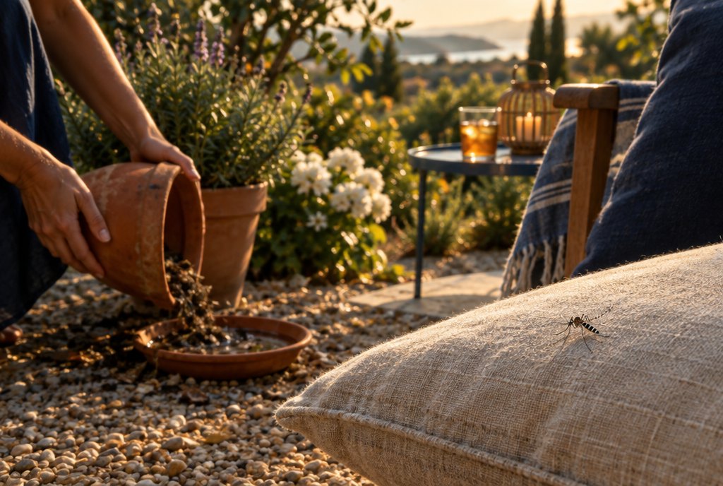 Petit moustique tigre posé sur un coussin de lin, sur une terrasse au soleil