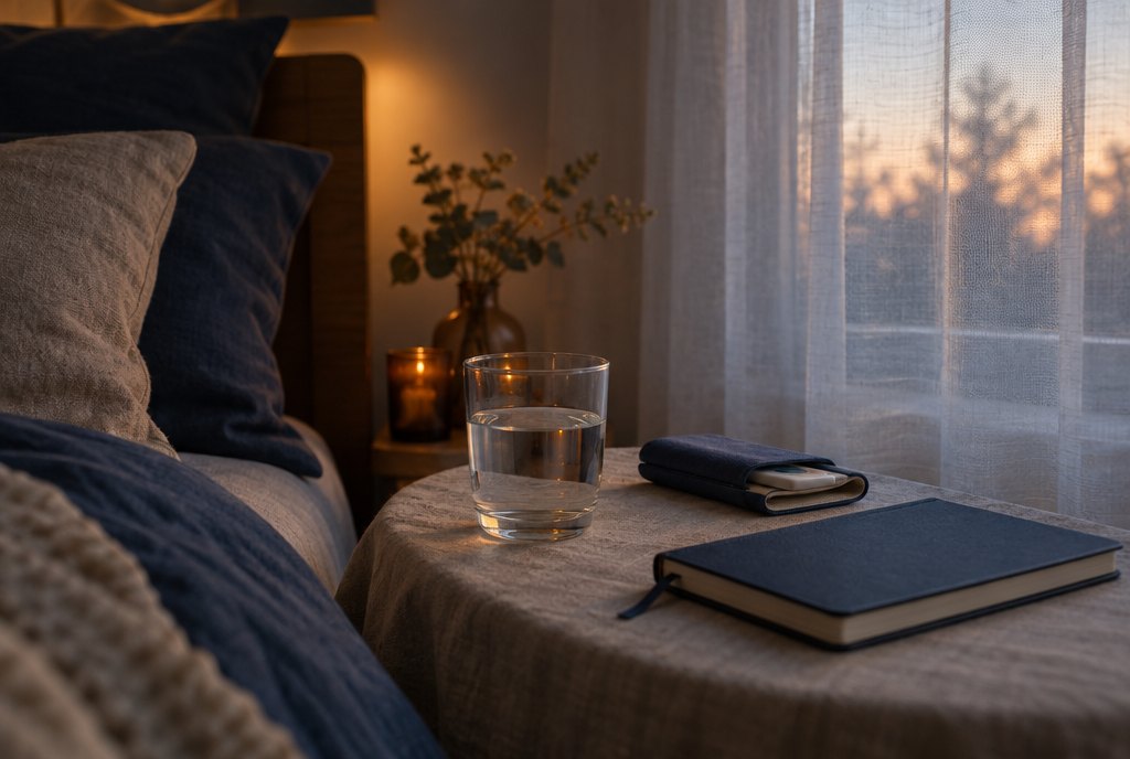 Table de chevet en lin avec verre d’eau et thermomètre, lumière douce du soir