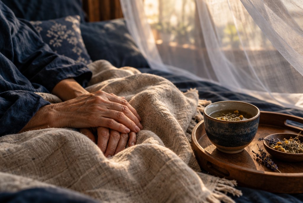 Mains d’une personne âgée posées sur une couverture en lin près d’une tasse