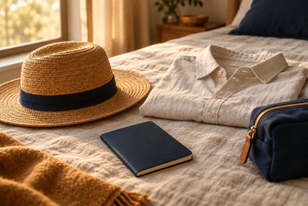 Préparatifs de voyage sur un couvre-lit en lin : chemise à manches longues et chapeau
