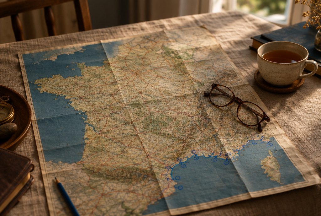 Carte routière de France dépliée sur une nappe en lin, lunettes et tasse de thé