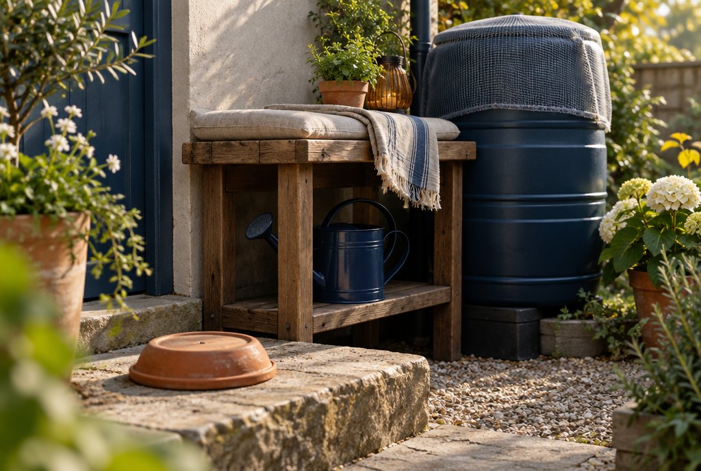 Soucoupe retournée et récupérateur d’eau couvert d’un filet dans un jardin rangé