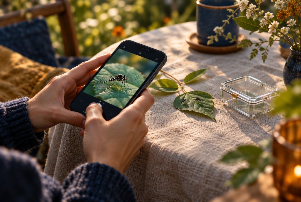 Mains photographiant avec un smartphone un petit moustique tigre posé sur une feuille