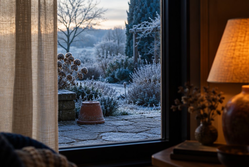 Jardin givré en hiver vu d’une fenêtre, pot en terre cuite retourné sur la terrasse