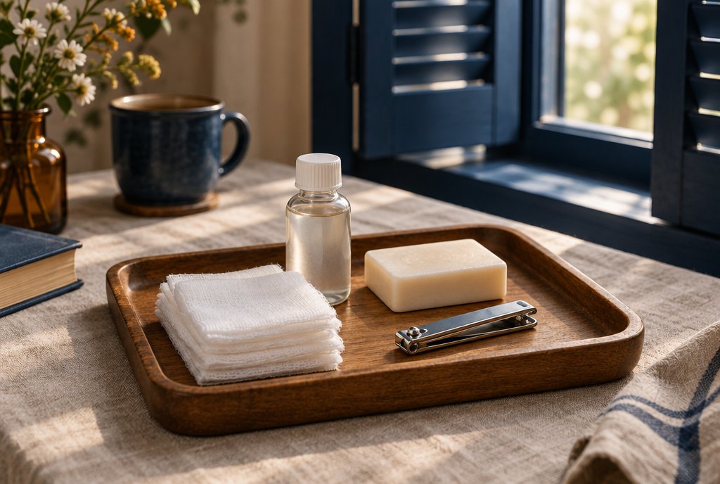 Plateau de soins sur nappe en lin : compresses, savon, flacon sans étiquette