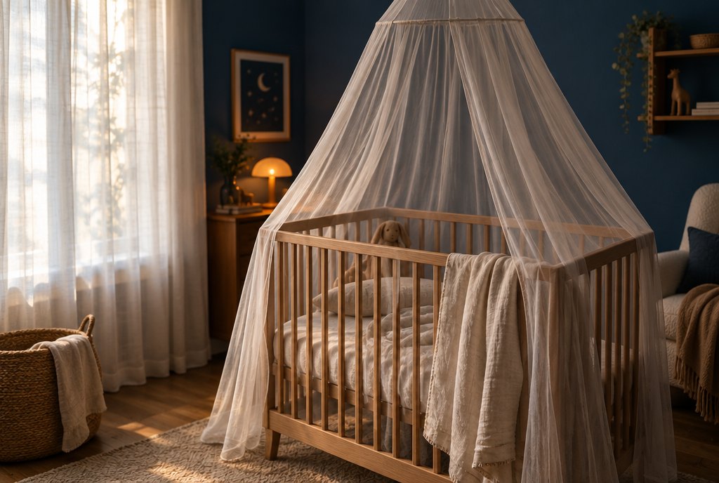 Berceau en bois recouvert d’une moustiquaire blanche dans une chambre de bébé paisible