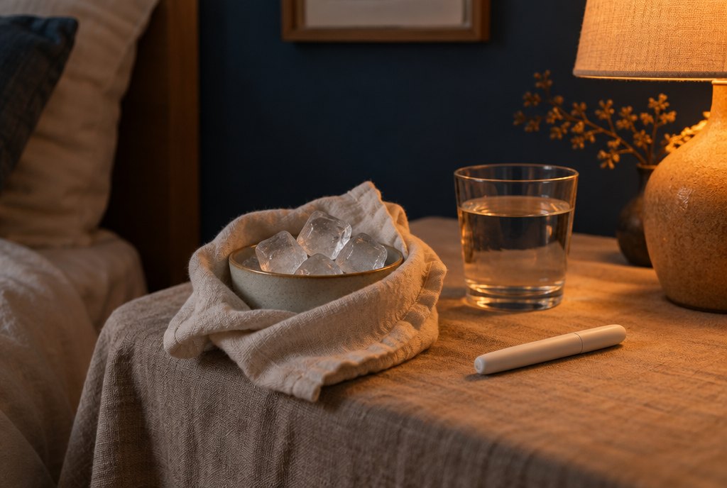 Glaçons enveloppés dans un linge et petit stylo blanc sur une table de chevet