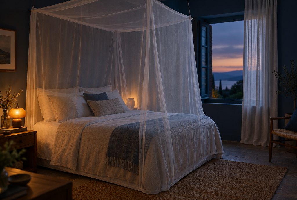 Moustiquaire de lit blanche bordée sous le matelas dans une chambre apaisée au crépuscule