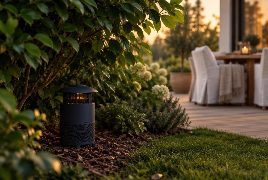 Piège à moustiques discret posé à l’ombre des arbustes dans un jardin en soirée