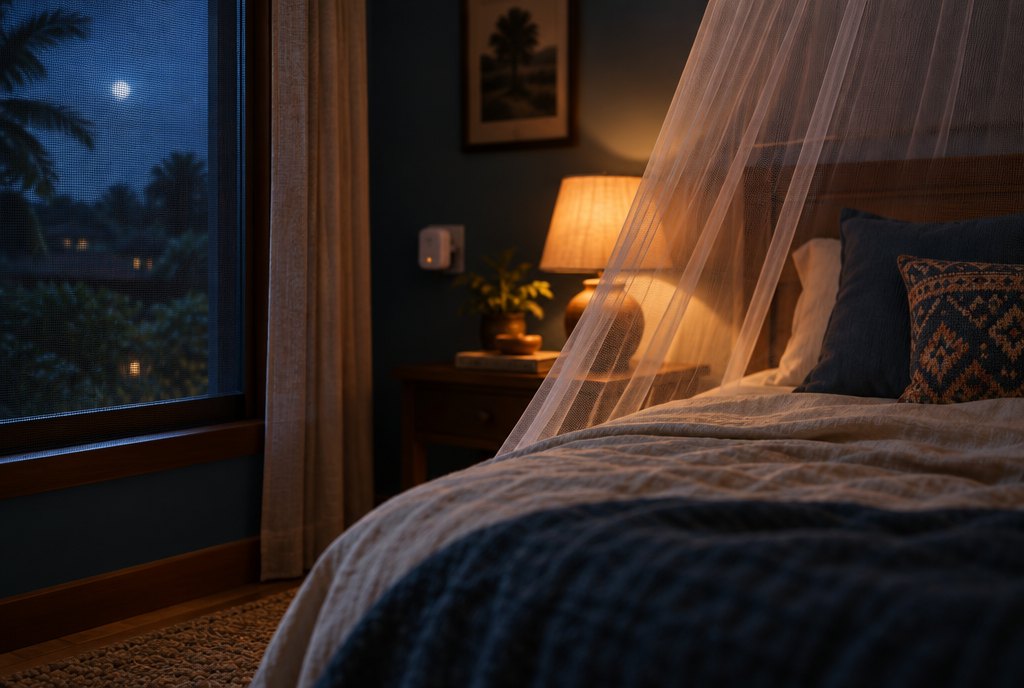 Chambre la nuit avec moustiquaire de fenêtre, moustiquaire de lit et diffuseur électrique en arrière-plan