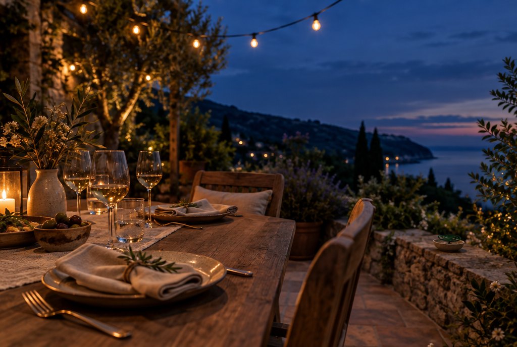 Terrasse au crépuscule avec table dressée et spirale anti-moustique éteinte posée à l’écart
