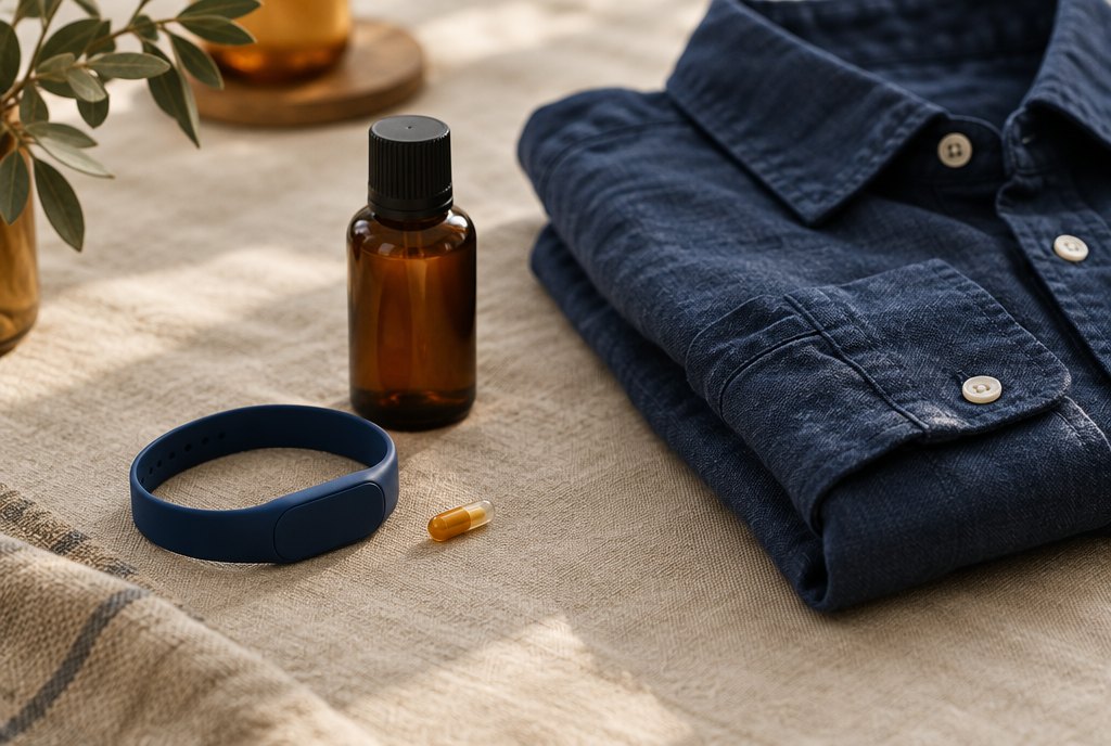 Bracelet anti-moustique à capsule posé sur du lin à côté d’un flacon et d’une chemise