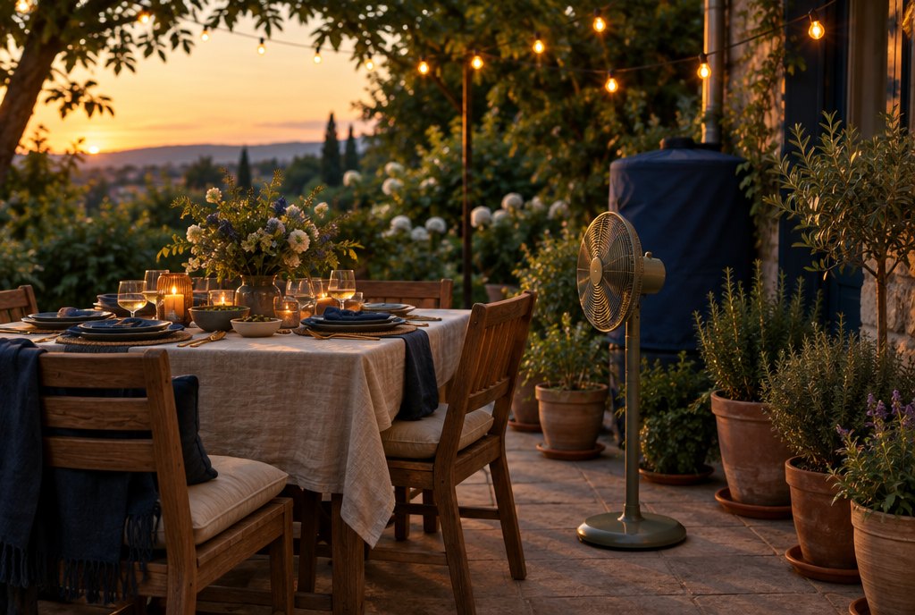 Terrasse de jardin au coucher du soleil avec table dressée, ventilateur et récupérateur d’eau couvert