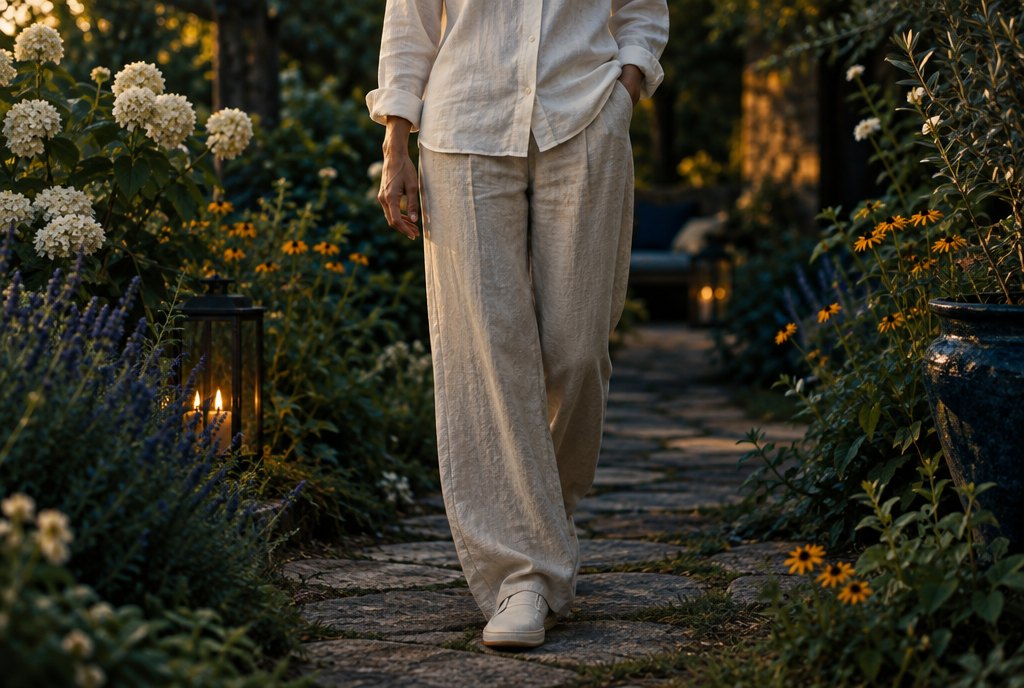 Promeneur en pantalon ample clair, chemise à manches longues et chaussures fermées dans un jardin