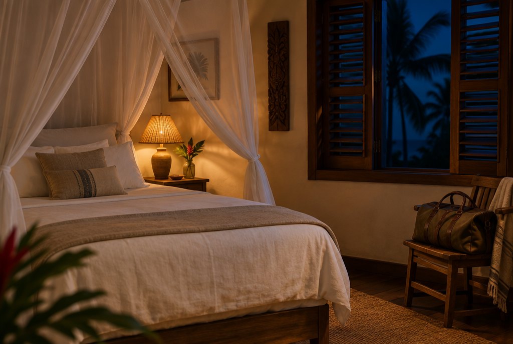 Lit entouré d’une moustiquaire dans une chambre d’hôtel tropicale, éclairage ambré du soir
