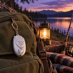 Porte-clé anti-moustiques accroché à un sac à dos, au bord dun lac au crépuscule