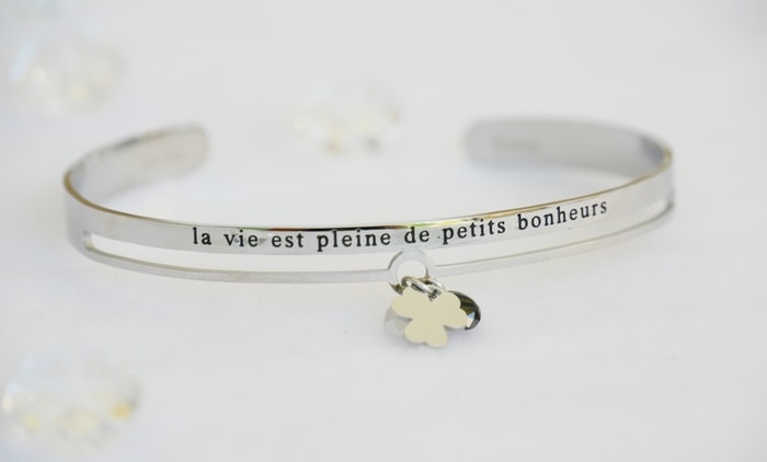 Bracelet jonc message - LA VIE EST PLEINE DE PETITS BONHEURS - Acier Inoxydable – Finition Argent – Ajustable – Ikita Paris