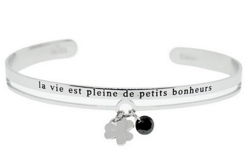 Bracelet jonc message - LA VIE EST PLEINE DE PETITS BONHEURS - Acier Inoxydable – pendentif trèfle - Ikita Paris